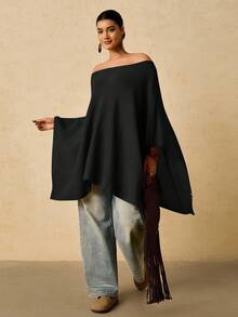 Travachic Lässiger Oversized Off-Shoulder Loser Weißer Poncho Pullover für Damen, Herbst/Winter - Schwarz - Übersicht 7