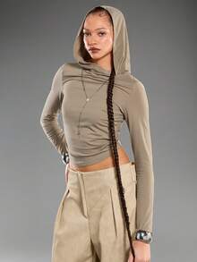 Normani Women's Solid Color Long Sleeve Fitted Cropped Hoodie, Olive Green, Autumn, Street Style, Everyday, Party Birthday Winter For Women - Khaki - View 4