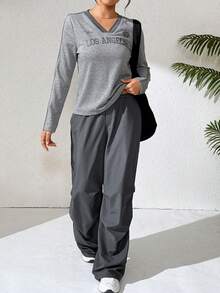 Modelyn Women's Casual Sporty Contrast Trim Long Sleeve Top Grey Top - Light Grey - View 5