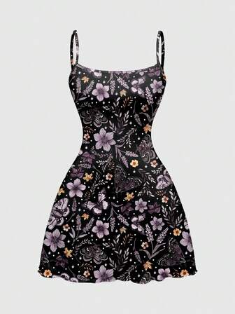 Goth Vestido elástico de tirantes finos con estampado de flores misteriosas, mariposas, luna y estrellas para tallas grandes