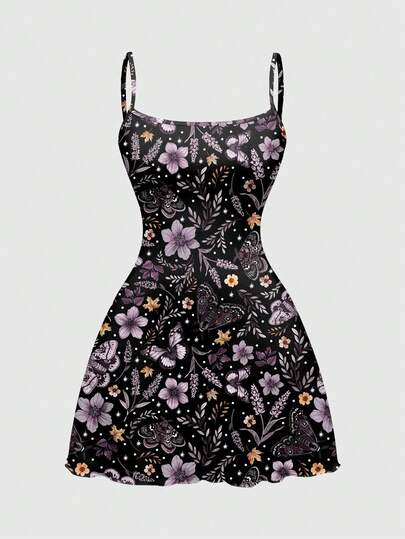 Goth Plus Size Mysterious Floral, Butterfly, Moon & Star Print Spaghetti Strap Elastic Dress