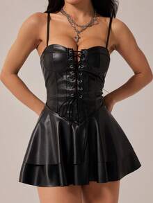 SHEIN PETITE 女士Y2K时尚性感夜店派对节日装扮Y2K夜店风露背PU皮迷你吊带裙，黑色系带束身连衣裙哥特风连衣裙哥特风夏季服装黑色束身连衣裙黑色皮上衣 - 黑色 - 查看 9