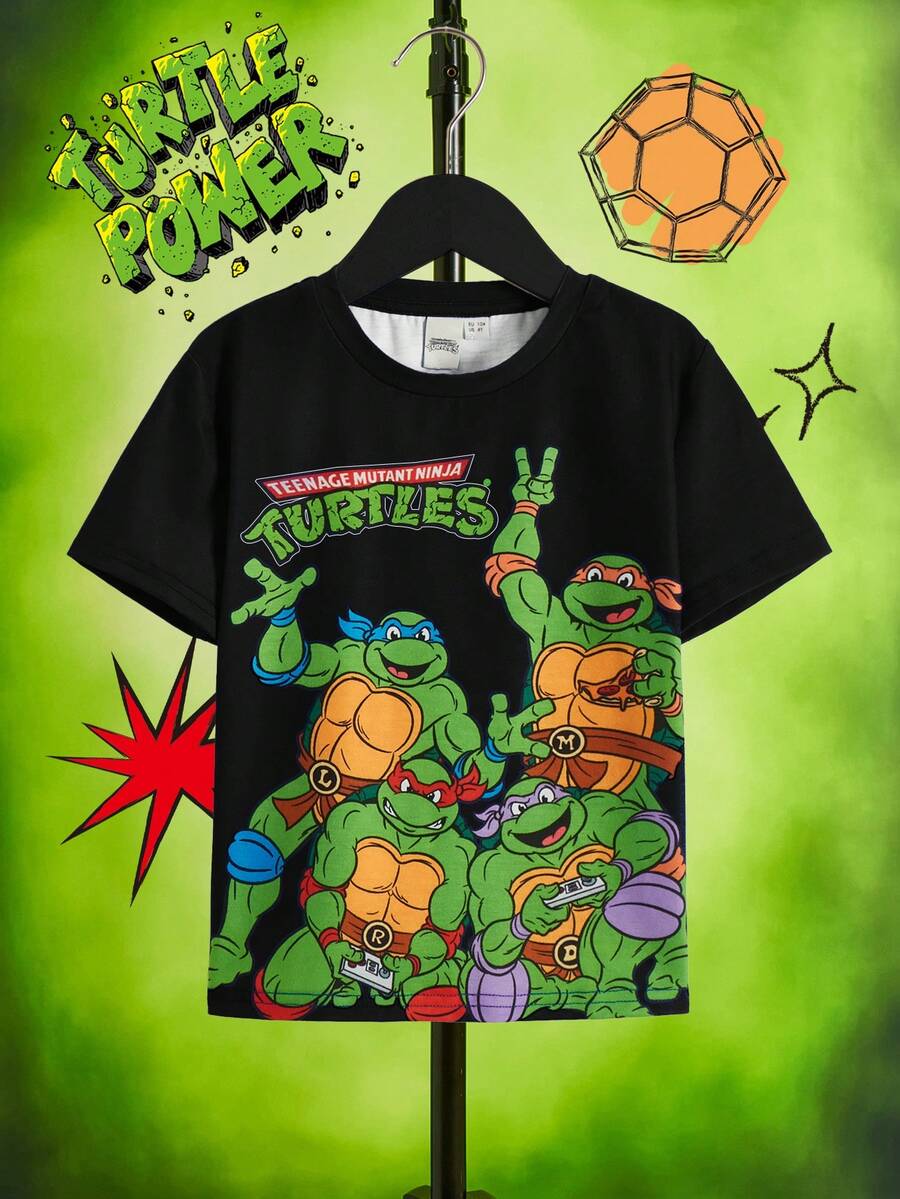 TEENAGE MUTANT NINJA TURTLES | SHEIN Young Boy Summer Casual Turtle Print Round Neck Short Sleeve T-Shirt - Black - View 1