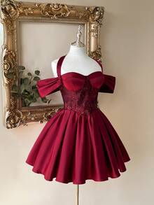 Lovelzi Women's Off-Shoulder Halter Elegant, Romantic, Fashionable Wine Red Jacquard Fabric Satin Patchwork Evening Dress, Wedding Guest Dress, Wine Red Maxi Dress, Single Party Dress, Prom Dress