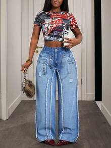 Slaydiva Women's High Waist Button Design Distressed Frayed Hem Wide Leg Casual Jeans - Blue - View 7