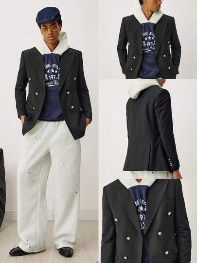 STEELVANCE Men's Business Casual Peak Collar Metal Double-Breasted Slim Fit Suit Jacket