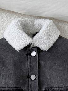 SHEIN 2pcs/Set Young Girl' Y2k Grey Denim Thermal Lined Short  Jacket& Skirt Set,Fleece Warm Suit,Fall Clothes,Winter Clothing ,Casual And Fashionable Vacation Outfits,Fleece Thermal Jacket - Grey - View 7