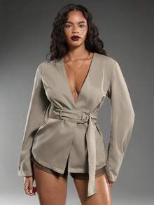 Normani 秋冬女士优雅纯色束腰西装外套 - 卡其色 - 查看 5