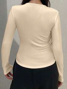 FRIFUL Women's Solid Color Round Neck Long Sleeve Fitted Casual T-Shirt - Apricot - View 2
