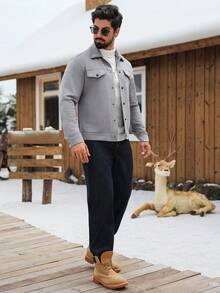 Manfinity CasualCool Men's Casual Grey Suedette Fleece Long Sleeve Jacket, Autumn/Winter Men Button Up Jacket Men Jackets Casual Men Jacket Men Shacket Grey Button Up Jacket - Grey - View 4