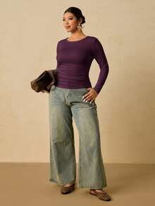 Travachic 加大码女式黑色长袖圆领保暖内衣，腰部褶皱收腹T恤 - 紫色 - 查看 3