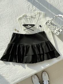 SHEIN Comfortcana Plus Size Casual Mini Skirt With Layered Ruffle Hem, Solid Color, Spring Transition Black Ruffle Skirt - Black - View 7