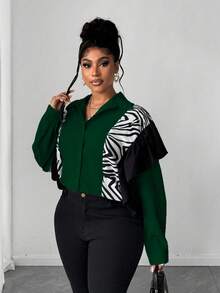 Maweii Plus Size Women's Patchwork Zebra Print Ruffle Hem Loose Fashion Blouse - Green - View 6