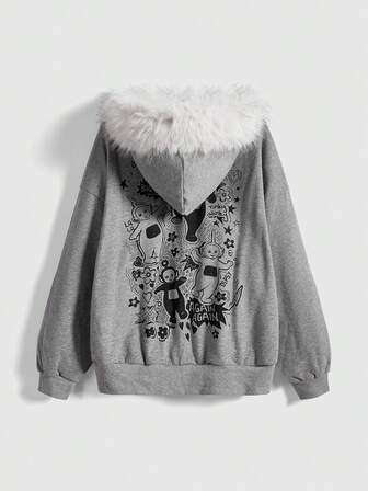 Teletubbies X ROMWE Süßes Cartoon-Muster Reißverschluss-Loose Contrast Flauschiger Saum Kapuzenpullover
