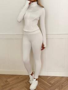 SHEIN EZwear 3 件套女士休闲运动无袖上衣、紧身裤和长袖上衣套装 - 白色 - 查看 4
