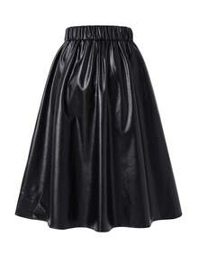 Sparklyn 女童黑色仿皮高腰A字中长裙：复古赫本风格，伞状开衩设计，镶嵌水钻纽扣，松紧腰带，适合休闲和正式场合，舒适的PU面料，是秋冬季的完美之选。 - 黑色 - 查看 2