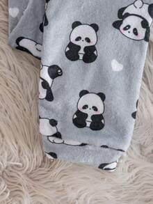 Genkimix Kids 2件套大童加厚毛绒圆领长袖长裤睡衣套装，可爱熊猫图案，灰色，时尚家居服，秋冬款 - 白色 - 查看 6