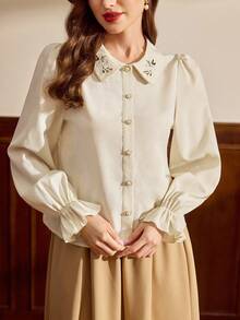Vintamour Áo kiểu nữ cổ điển thanh lịch thêu nút, viền bèo nhún, thích hợp cho kỳ nghỉ đông, Giáng sinh và năm mới. - Màu be - Xem 5