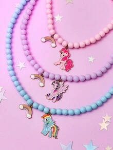 My Little Pony X SHEIN 2件或3件套时尚可爱甜美锌合金女士手链项链套装，手工串珠饰品，独角兽、暮光闪闪、萍琪派和云宝黛西图案，紫色、粉色和蓝色 - 彩色 - 查看 5
