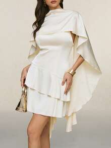 Poéselle Abito mini elegante in raso bianco crema da donna, stile poncho con orlo a balze stratificate, outfit da invitata a matrimonio estivo, festa di Natale, pendolarismo, autunno - Albicocca - Visualizzare 5