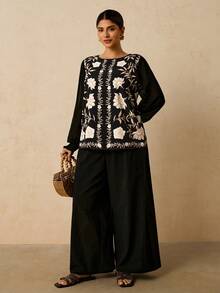 Travachic Áo cánh tay dài bằng vải voan in hoa lãng mạn thanh lịch cỡ lớn dành cho nữ - màu đen - Xem 4