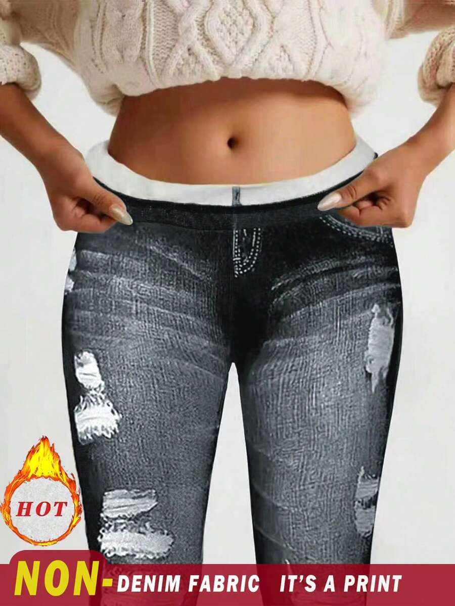 INAWLY 女式牛仔效果印花松紧腰休闲保暖内衬紧身裤 - 彩色 - 查看 1