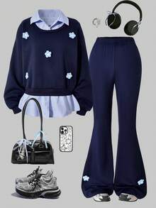 SHEIN ChillGRL 2件套少女碎花装饰卫衣搭配条纹喇叭裤，秋冬季