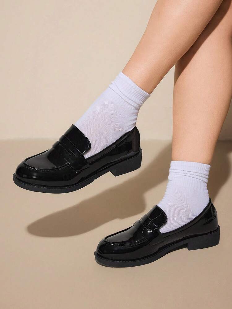 CUCCOO CURVES Wide Fit Flat Shoes, Thick Sole Black Slip-On Casual Shoes, College Style