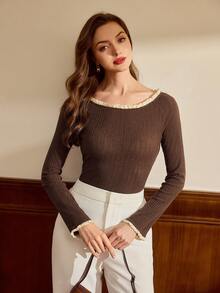 Vintamour Vintage Classic Elegant Women Long Sleeve T-Shirt, Fitted Knit Jacquard T-Shirt, Contrast Ruffle Trim T-Shirt, Coffee Brown Color, Autumn/Winter