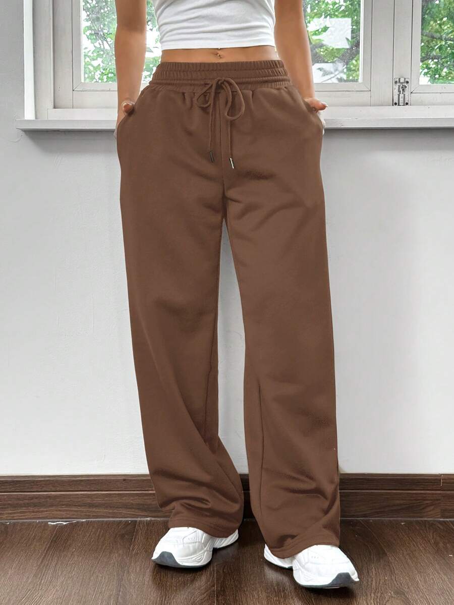SHEIN EZwear 棕色直筒宽松针织休闲运动裤 - 棕色 - 查看 1