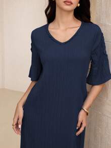 Lacomfia 2025新款V领褶皱A字连衣裙，夏季款 - 藏蓝色 - 查看 6