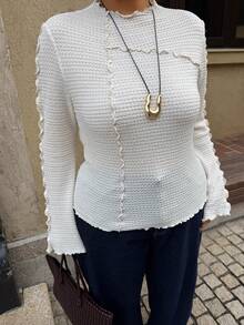 Dripcurv 女士加大码荷叶边长袖T恤，冬季感恩节白色，新年装扮 - 杏色 - 查看 7