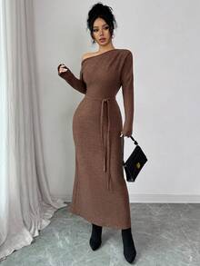Modelyn Women's Autumn/Winter Fashion Oblique Shoulder Sexy Casual Mid-Length Dress - Coffee - View 9