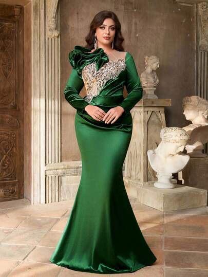 Aureia Plus Size Elegant Sexy Round Neck Green Luxury Sequin Patchwork Satin Shoulder Ruffle Decor Mermaid Hem Formal Gown (Heavily Embellished Design)