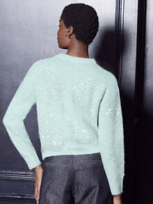 lacRébo Mint Jumper With Sparkling Decoration, Diamond Glitters, Crew Relax Shape New Year Party - Green - View 2