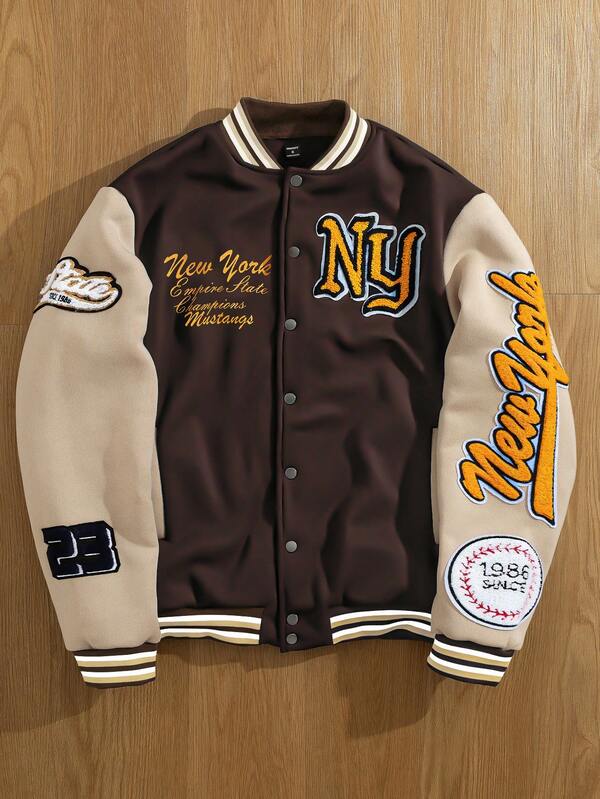 Manfinity Campus Court Męska kurtka baseballowa Rave z długim rękawem i kolorowym blokiem, zapinana na guziki z przodu, kurtka New York, kurtka graficzna, na jesień