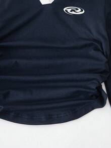 Sparklyn 青少年女孩拼色领长袖休闲骑士印花T恤 - 藏蓝色 - 查看 4