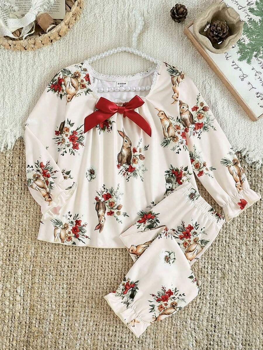 SHEIN 2pcs Baby Girl Bow Lace Trim Collar Yellow Rabbit Print Long Sleeve Top And Pants Pajama Set