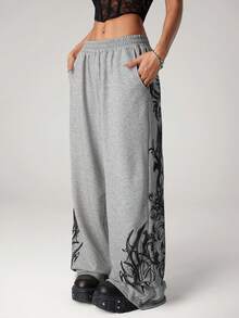 SHEIN ICON Petite Quần thể thao nữ phong cách punk thời trang, dáng rộng thoải mái. - Xám - Xem 2