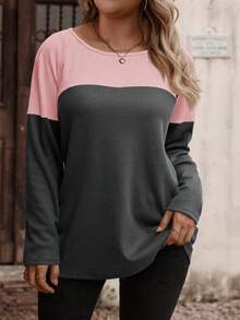 EMERY ROSE Kaos Wanita Ukuran Besar Lengan Panjang Leher Bulat Blok Warna, Motif Kotak-kotak Kecil Warna Pink dan Abu-abu dengan Kancing, Desain Kancing, Kasual Elegan untuk Sehari-hari di Musim Gugur - MultiWarna - View 5