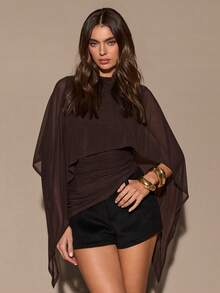 SHEIN BAE 女士棕色斗篷式披肩领修身褶皱针织上衣，优雅针织衫，秋冬款 - 棕色 - 查看 5