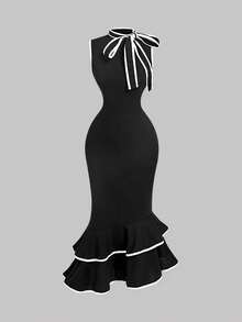 SHEIN MOD 女式无袖系带中长连衣裙 - 黑與白 - 查看 3