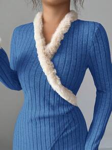 Elenzga Women's Elegant Fashion Commuter Casual Comfortable Charming Retro Gentle Romantic Long Sleeve Patchwork Fuzzy Cuff & Collar Decor Waist Fitted Solid Color Dress