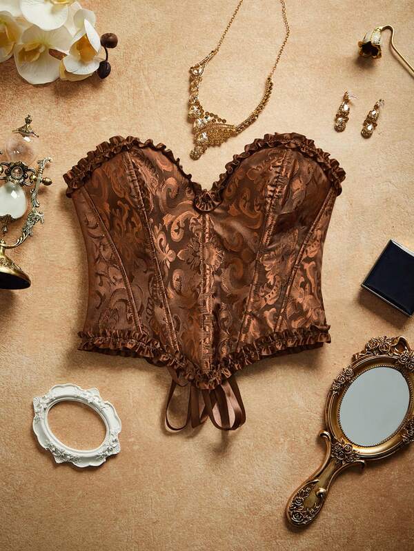 PinupPomp Vintage Floral Gathering Shaping Corset, Fish Bone Pleated Ruffle Collar, Back Tie Fish Bone Bustier