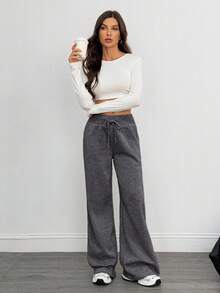 SHEIN Tall Quần thể thao nữ ống rộng lưng thấp dệt kim trơn thoải mái và giản dị có lớp lông cừu giữ ấm trong mùa thu đông - Màu xám đen - Xem 6