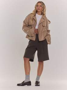 MUSERA PU仿皮夹克外套，腰部系带，口袋细节，短款风衣风格，休闲日常冬季外套 - 杏色 - 查看 2