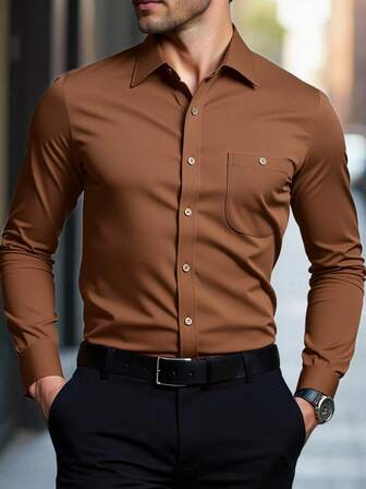 Manfinity Bizformal Camisas de vestir para hombres de manga larga, de un solo color, con estiramiento y sin arrugas, camisas formales de negocios y casual con botones