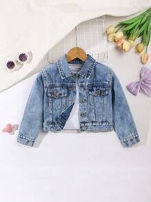 Elladie kids Young Girl' Denim Jacket And Coat, New Arrival. Casual Sweet Bow Decor Light Wash Blue Denim Jacket For Girls, Comfortable For Daily Activities And Outings. Suitable For Wearing In Winter And Spring.