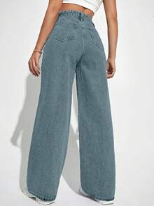 EURMUSE Quần jeans ống rộng cạp cao đơn giản, tối giản, màu trơn dành cho nữ - Rửa nhẹ - Xem 2