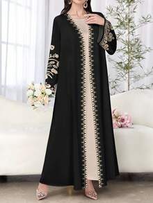 SHEIN Najma 女士花卉印花长袖休闲阿拉伯长袍，适合春秋季节 - 彩色 - 查看 4